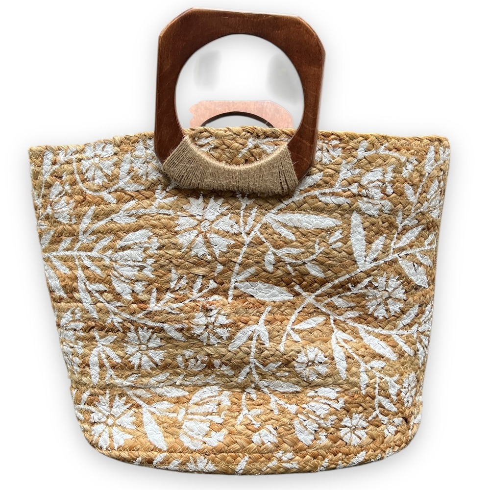 Antik Kraft Jute Tote Bag Womens Tan White Floral Painted Straw Wooden Handle